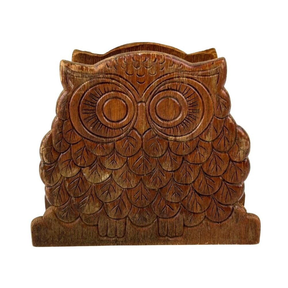 MCM 1970s Owl Wooden Napkin Letter Holder Brown Distressed Vintage Mid-Century